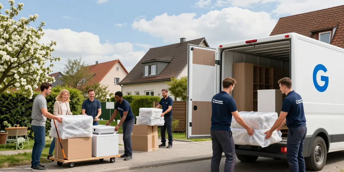 Umzugsunternehmen Bruchsal: Professionelle Umzugshelfer packen Möbel in einen Umzugswagen vor einer Wohnanlage.