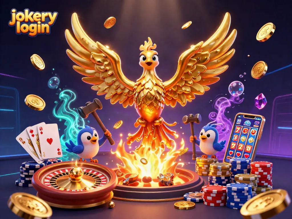 Engage with the exciting jokery login experience while exploring vibrant casino elements like golden coins and cards.