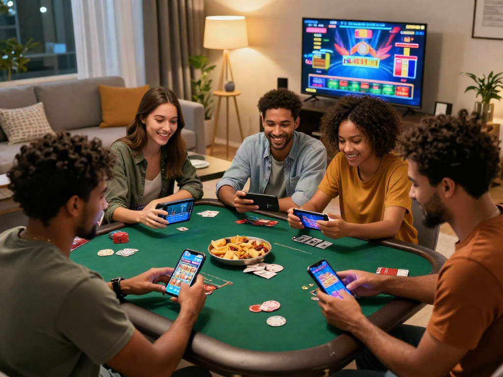 Online Casino für Smartphone: Freunde genießen zusammen Casino Spiele in einem einladenden Wohnzimmer.