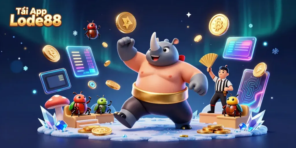 Experience thrilling gaming action with Tải App Lode88 in a dynamic casino setting featuring colorful coins.