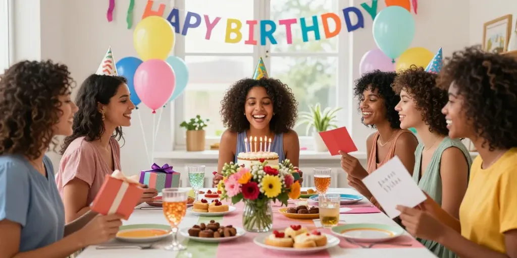 Creatieve ideeën voor persoonlijke verjaardagswensen gedeeld tijdens een feestelijke verjaardag met vrolijke vrouwen.