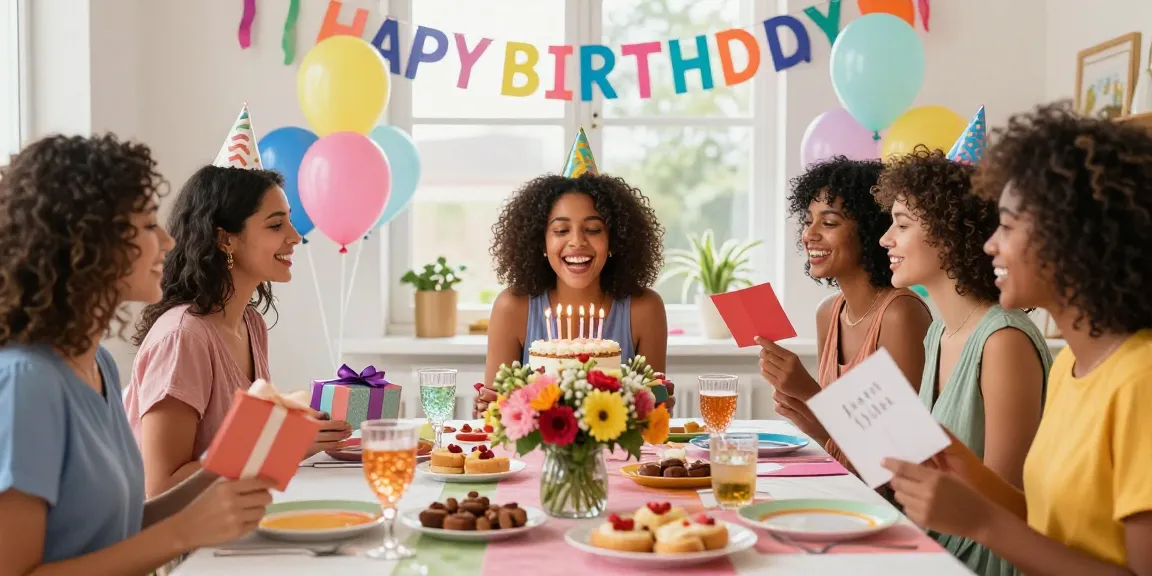 Creatieve ideeën voor persoonlijke verjaardagswensen gedeeld tijdens een feestelijke verjaardag met vrolijke vrouwen.