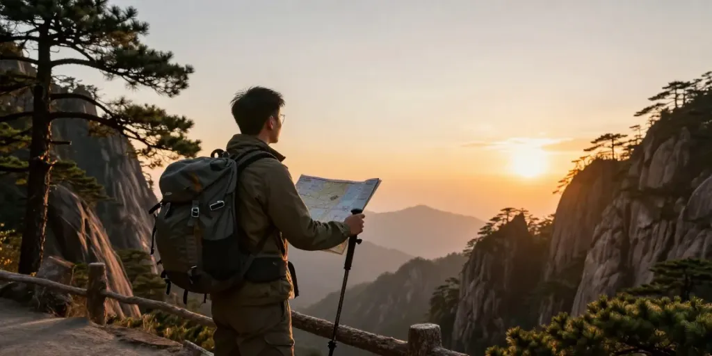 Nachtzug-Tickets buchen mit einem Reisenden, der auf einem Berggipfel steht und die Landschaft betrachtet.