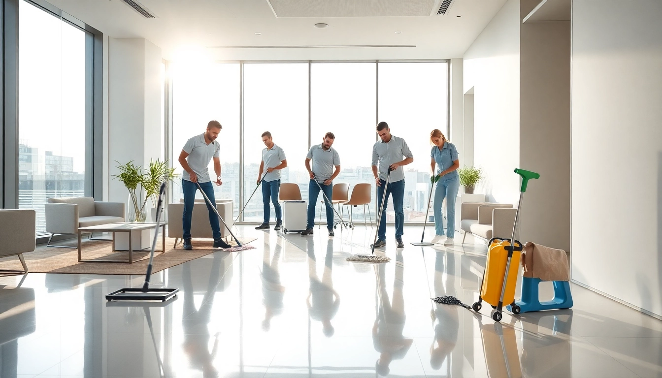 Professionelles Team bei der gebäudereinigung berlin in einem modernen Büro, strahlende Sauberkeit.