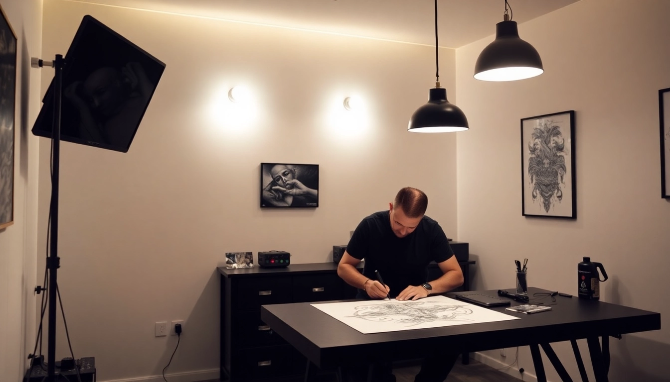 Tattoo Studio München: Künstler schafft ein einzigartiges Tattoo auf der Haut eines Kunden in einem stilvollen Studio.