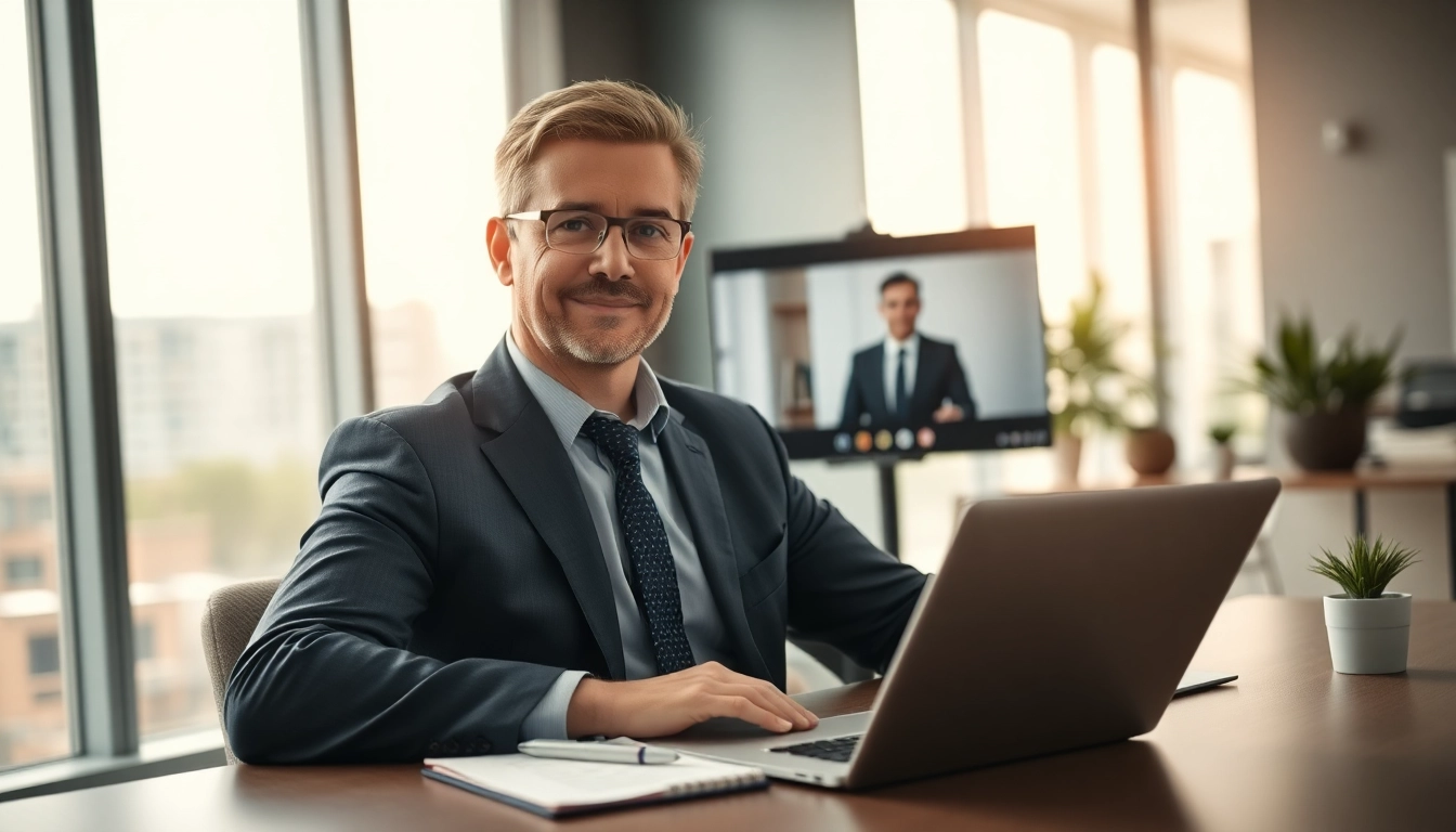 Experience a focused headhunter during a video call in a modern office setting.