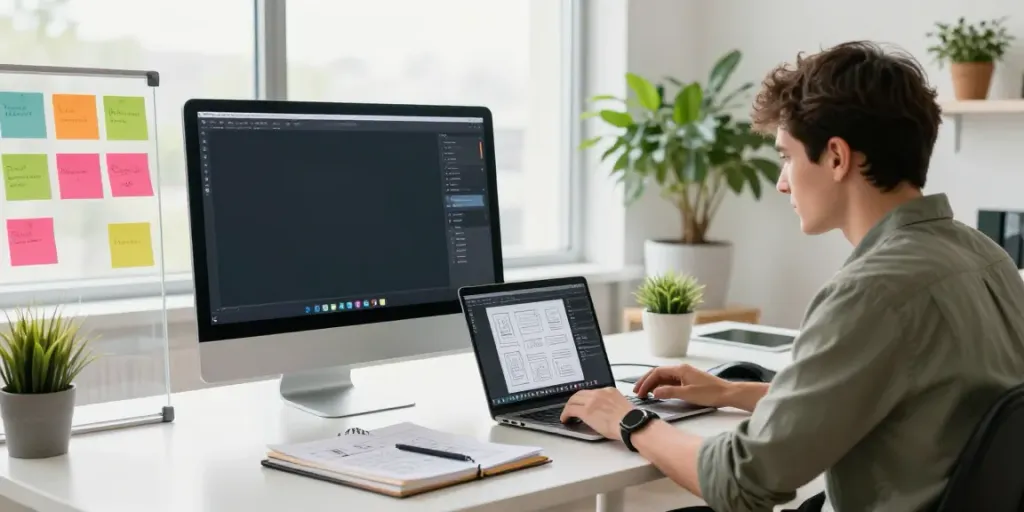 Professioneller Webdesigner im Saarland bei der Arbeit an einem modernen Schreibtisch für Webdesign Saarland.