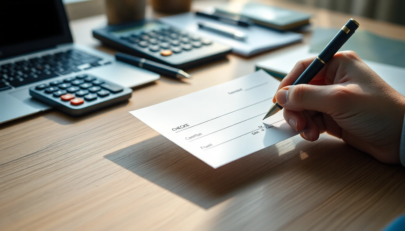 Hand writing a check on a classic paper check amidst a stylish desk setup.