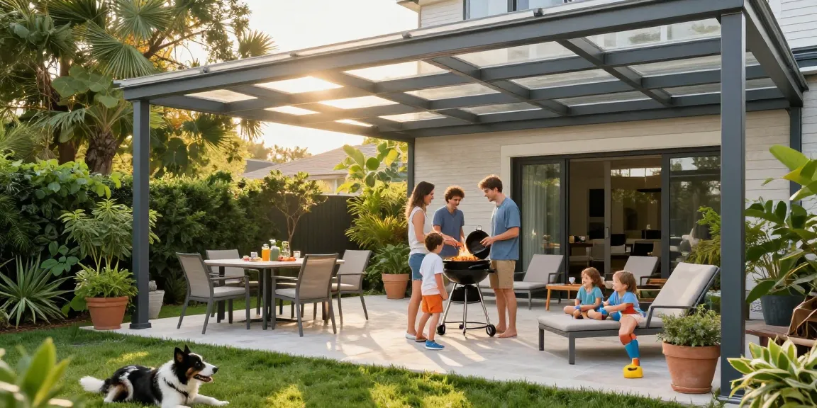 Moderne Terrassenüberdachung mit Familie beim Grillen und grüner Umgebung.