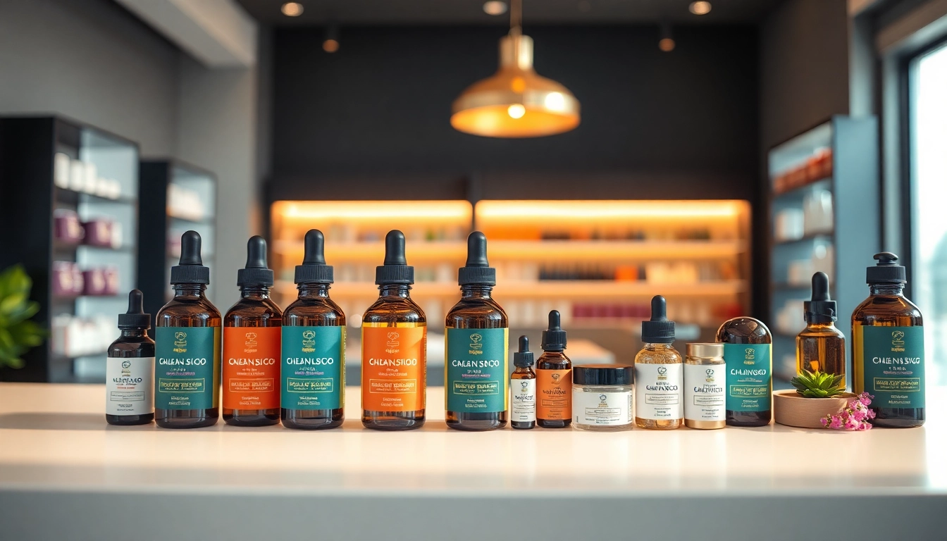 CBD-Produkte in einem modernen Geschäft ansprechend präsentieren und die Vielfalt erkennen lassen.