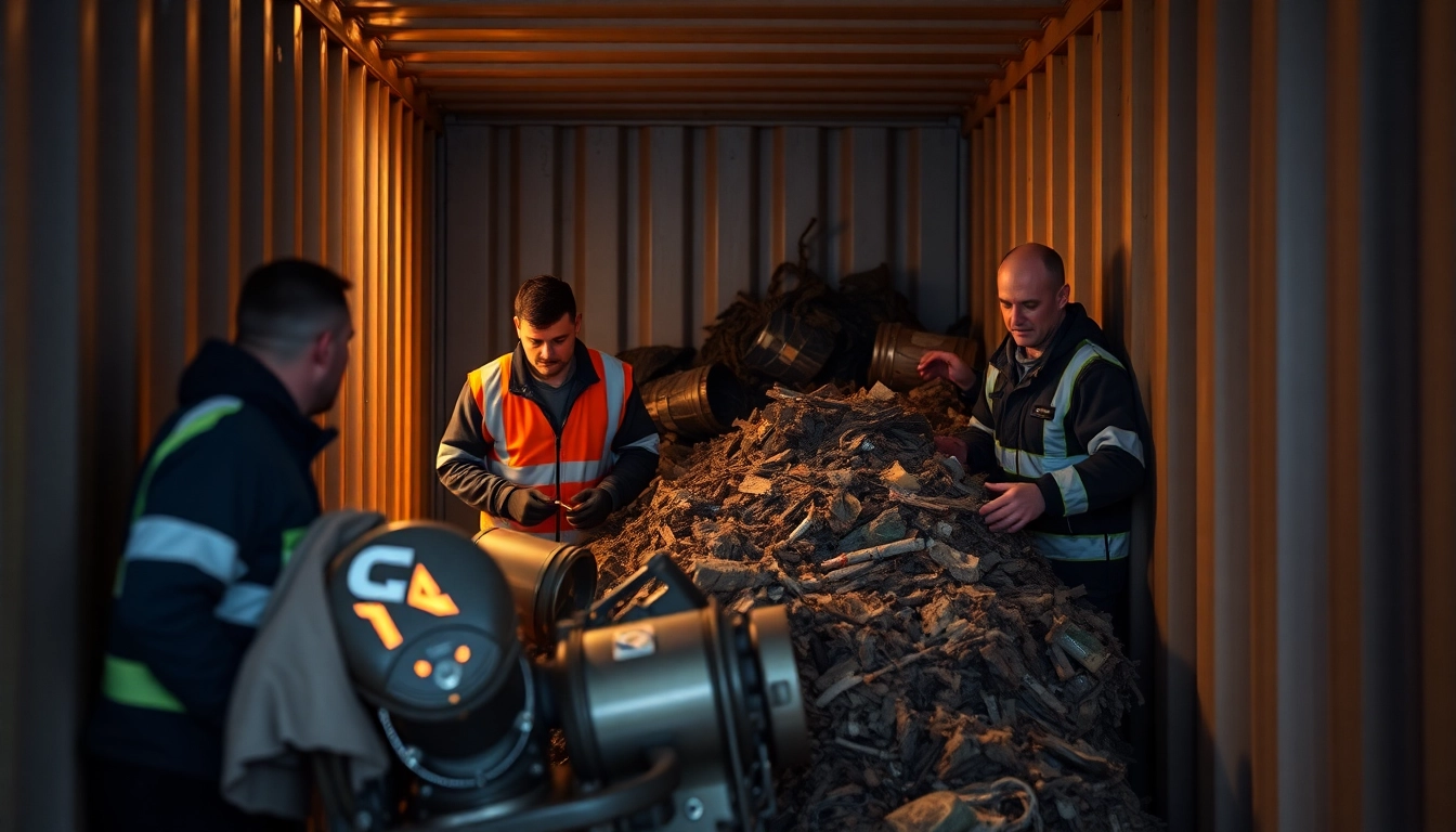 Schrottabholung Wuppertal: Team bei der professionellen Schrottentsorgung mit Container.