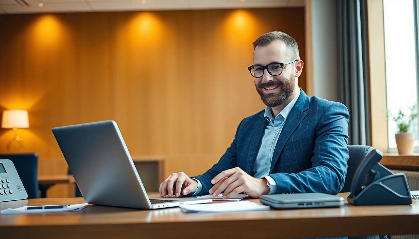 Headhunter IT arbeitet engagiert am Laptop in einem modernen Büro mit stilvollem Design.