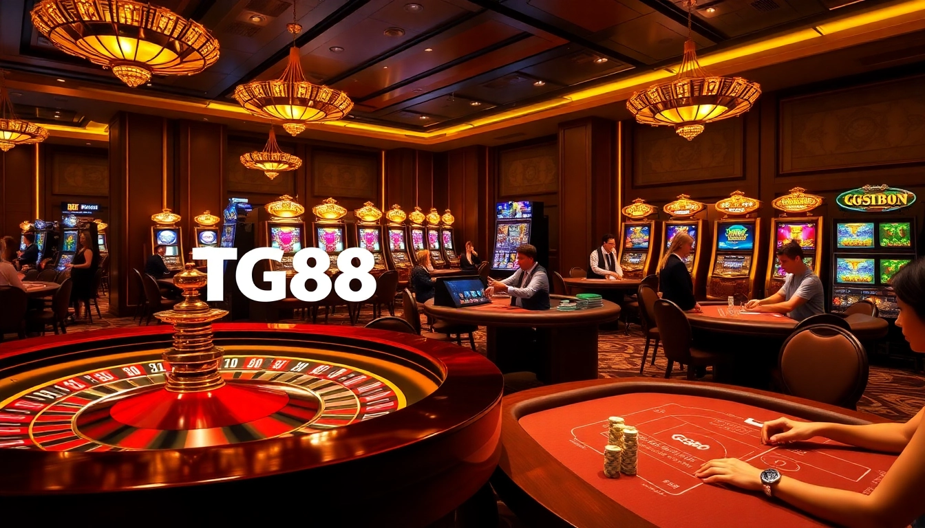 Engage in the excitement of TG88 casino with vibrant slot machines and a lively roulette wheel.