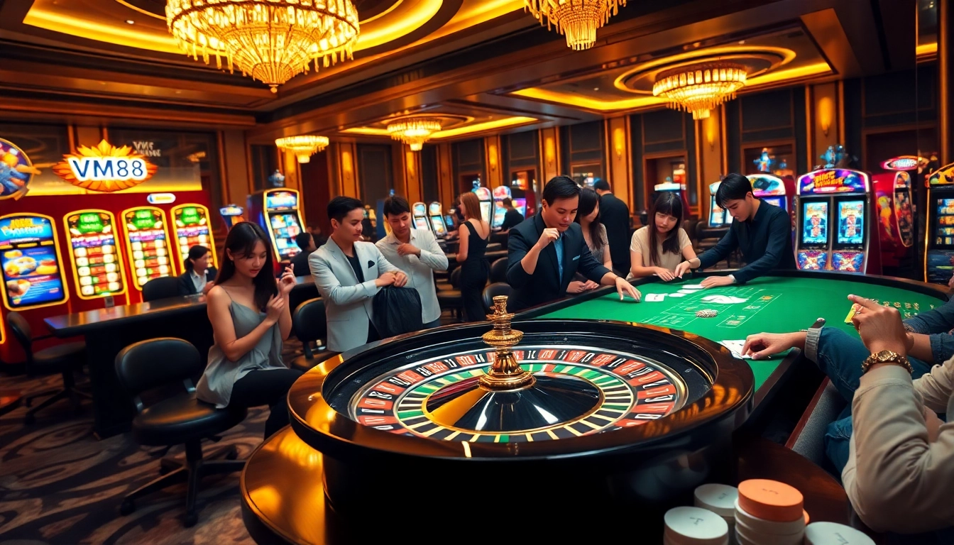 Exciting casino atmosphere with VM88 logo on roulette, showcasing thrilling gambling experiences.