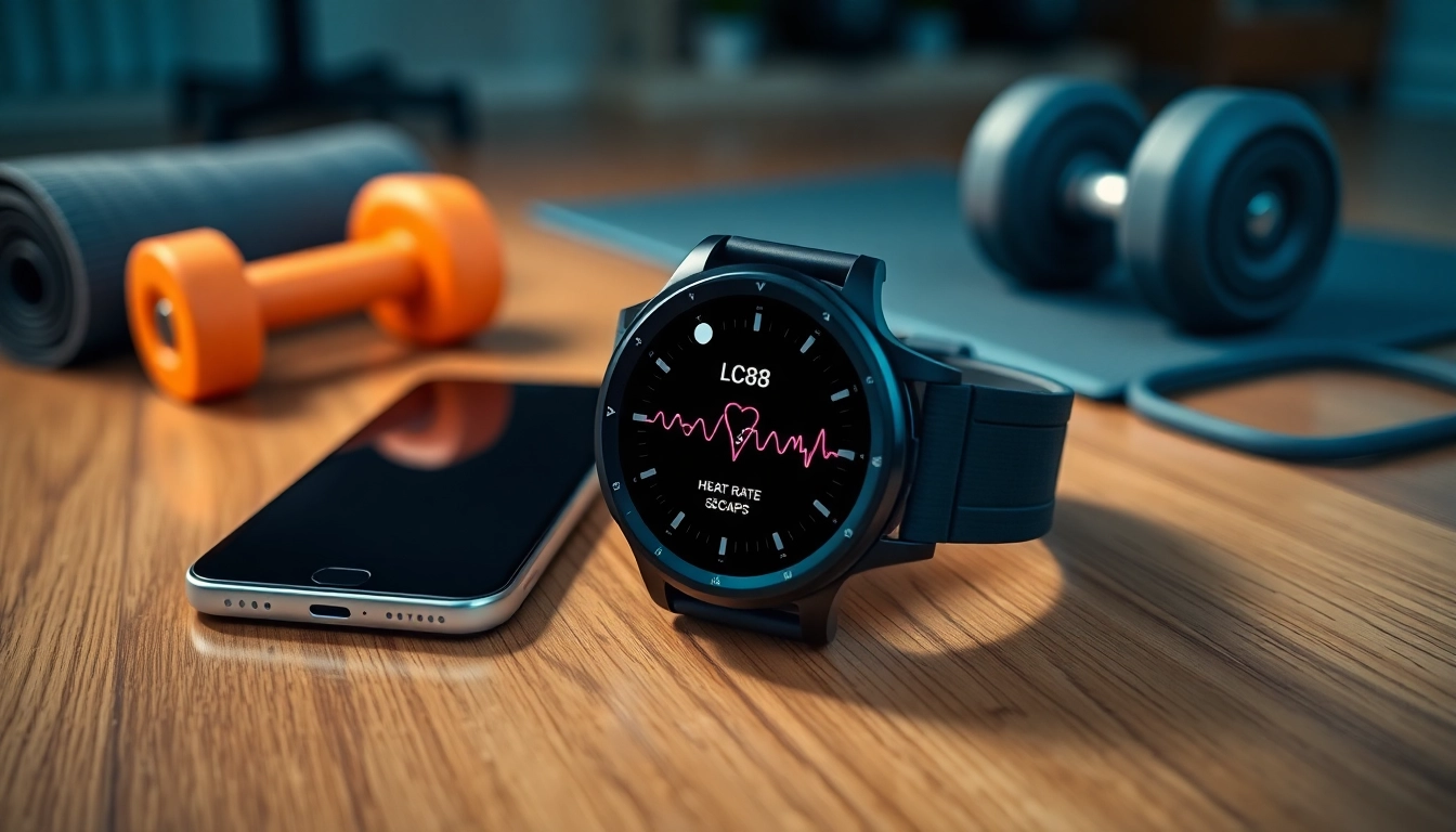 LC88 smart watch on a table promoting fitness and technology.