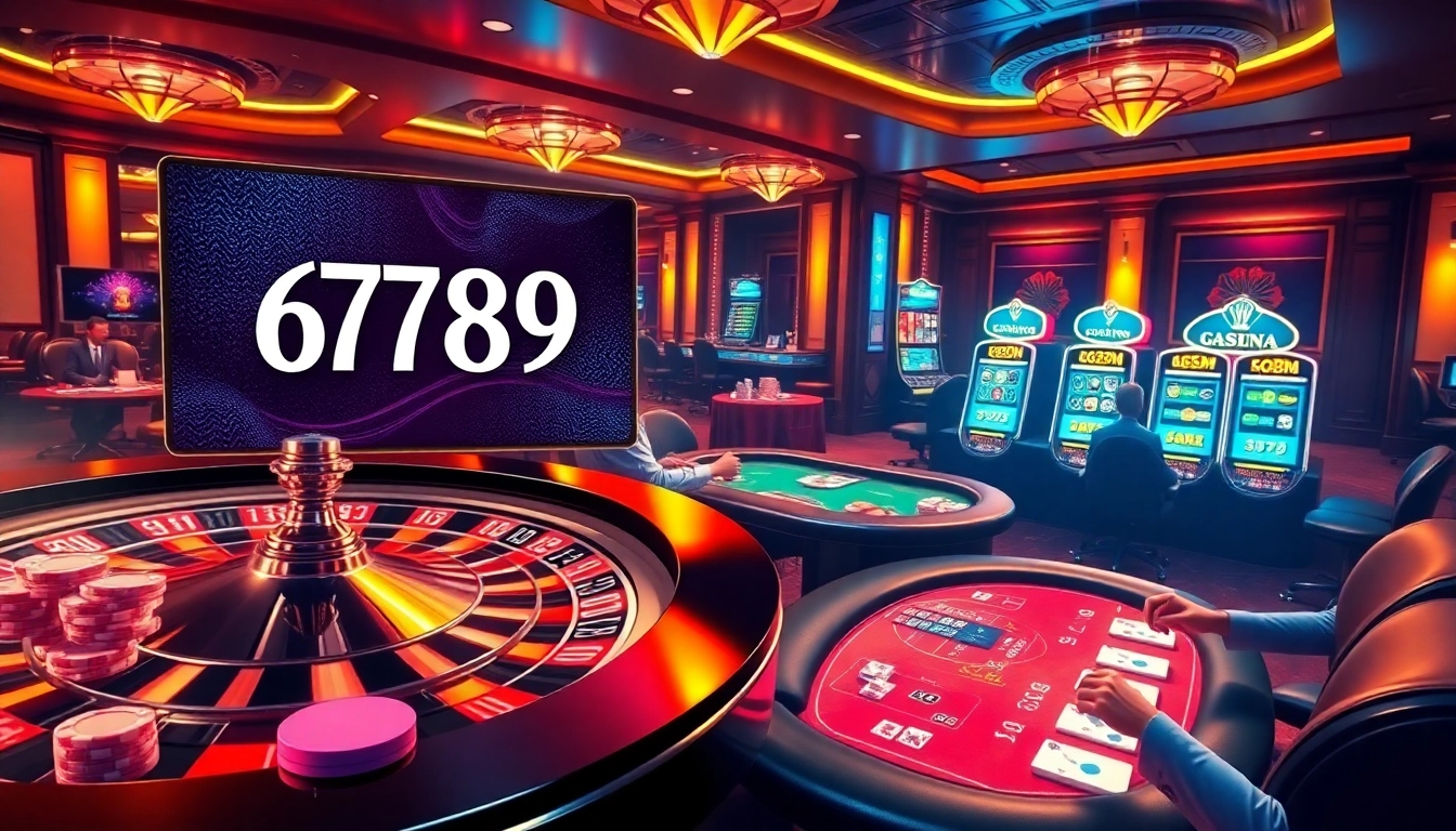 Exciting online gaming scene featuring 6789 with roulette wheel, poker tables, and vibrant slot machines.