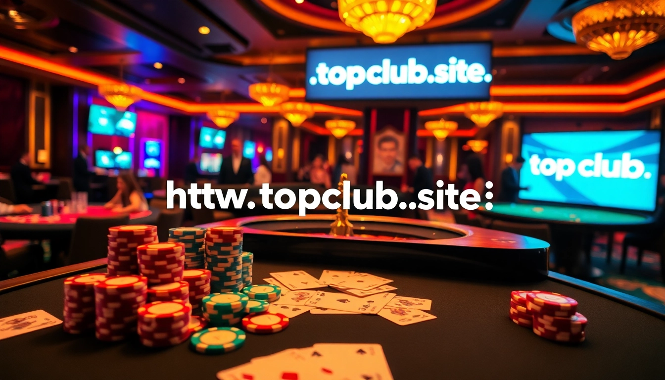 Engage with action-packed games at TOPCLUB, featuring vibrant casino tables and roulette wheels.
