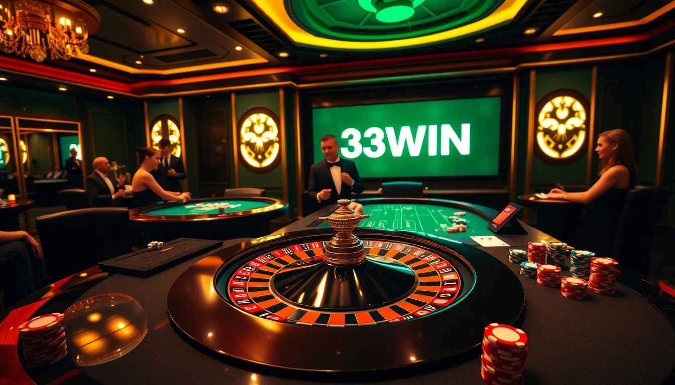 Experience high-stakes excitement at 33WIN with roulette, poker tables, and dealers in action.