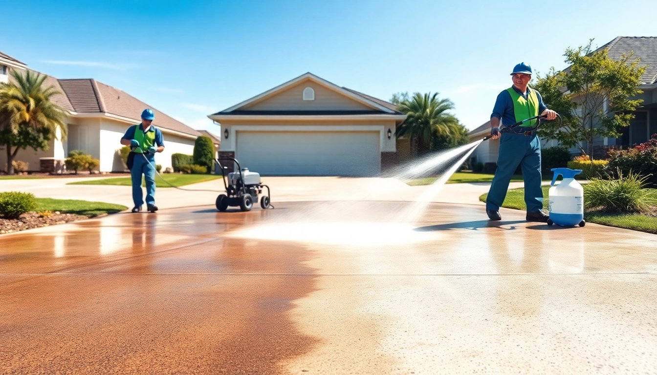 Concrete cleaning services restoring a driveway to pristine condition using high-pressure washing techniques.