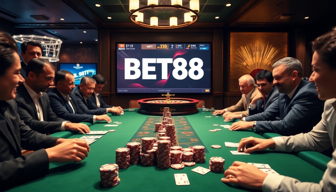 Gamblers engaging at a luxurious poker table and online interface featuring BET88.