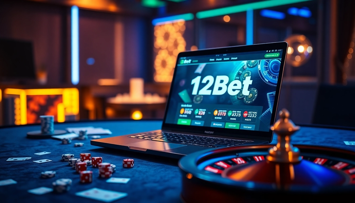 A laptop showing the link 12bet amidst poker chips and dice, evoking an exciting online betting atmosphere.