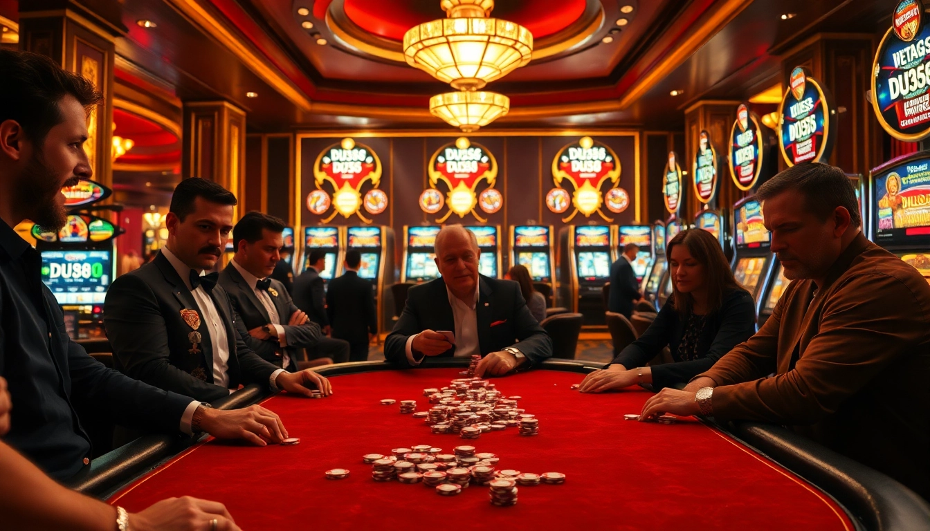 Engaging scene at DU388 casino, highlighting poker action and vibrant slot machines.