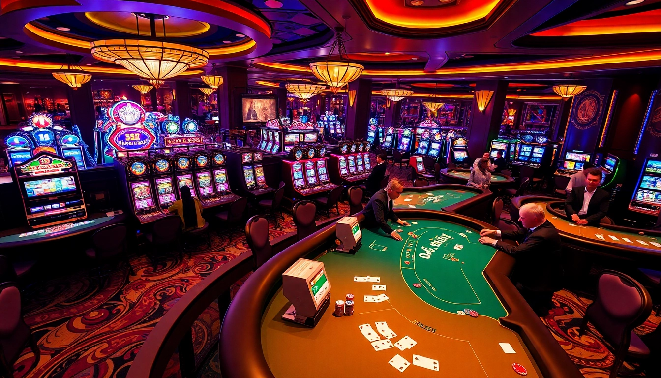 Gambling enthusiasts enjoying a lively casino setting with vibrant gaming tables at 52WIN.