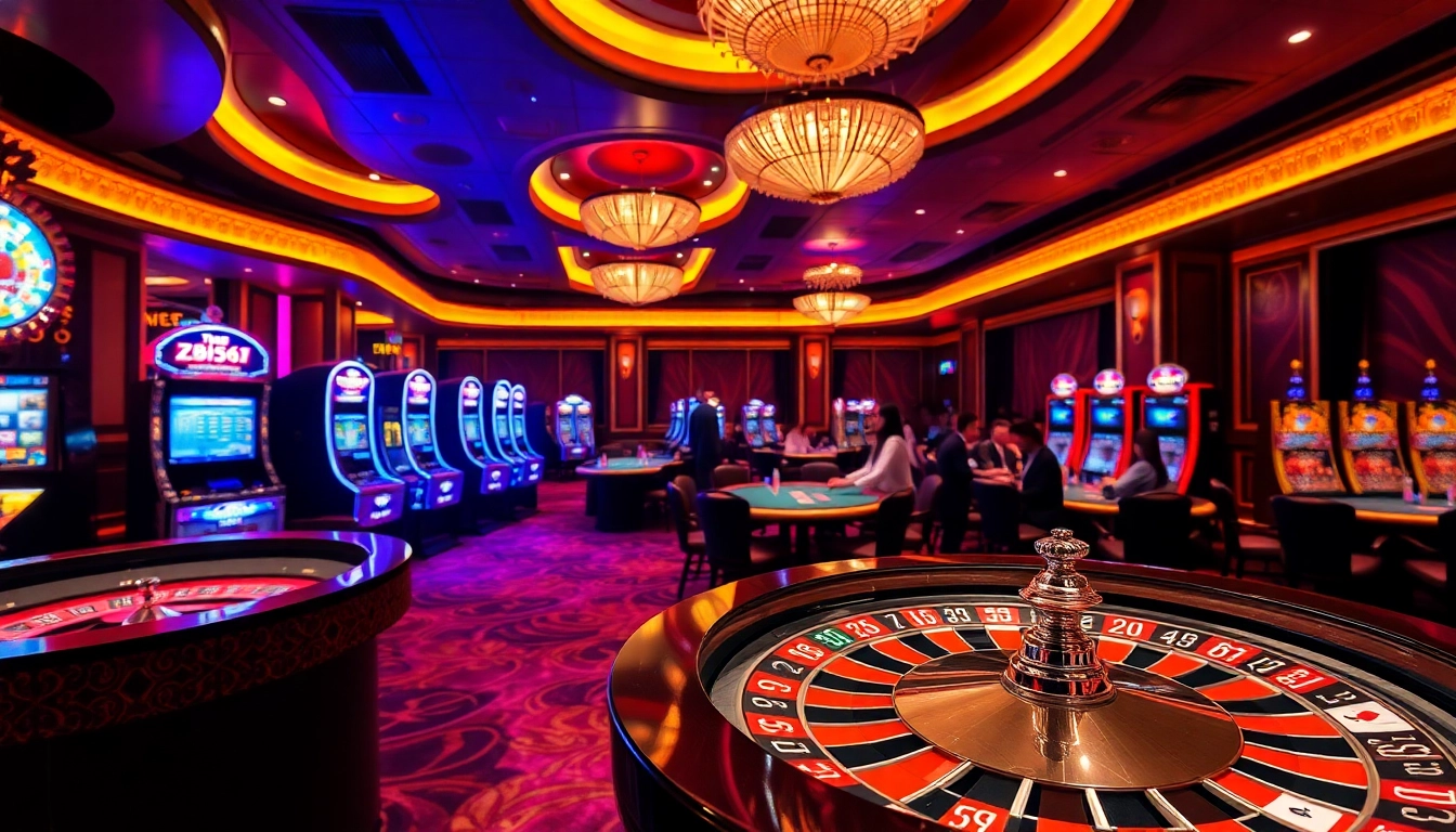 ZB368 casino scene featuring roulette, poker tables, and luxurious slot machines.