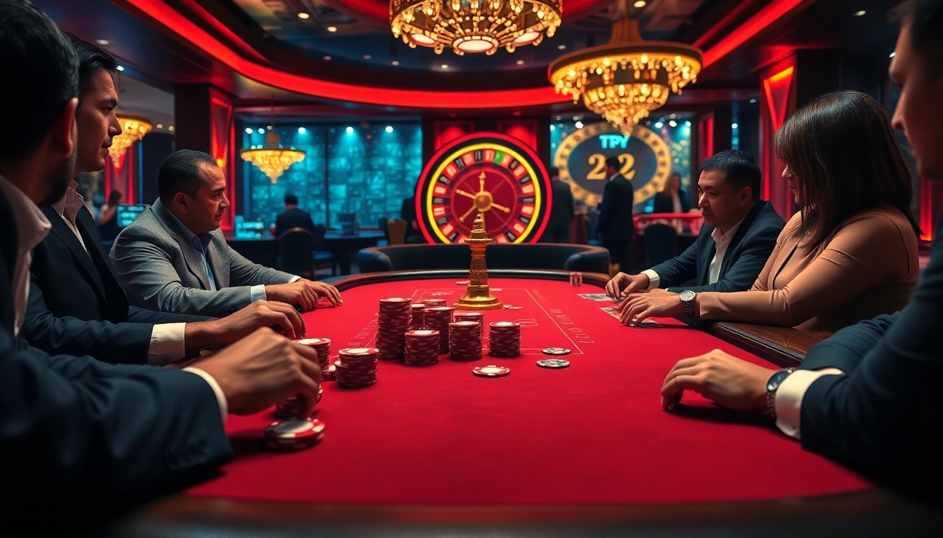 Engage in a thrilling poker game at the TPJ casino, showcasing vibrant chips and an exciting roulette wheel.