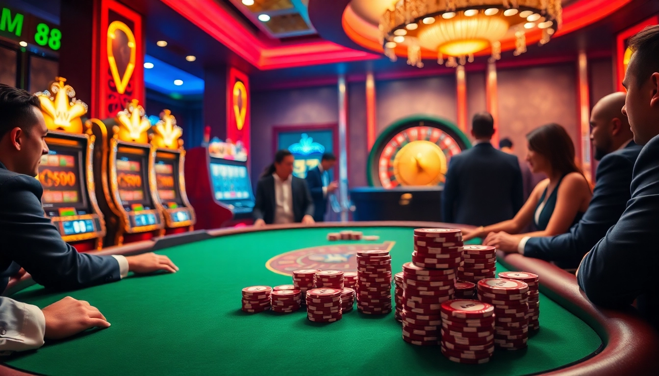 Players at a poker table experience excitement with HM88 branding among luxurious casino visuals.