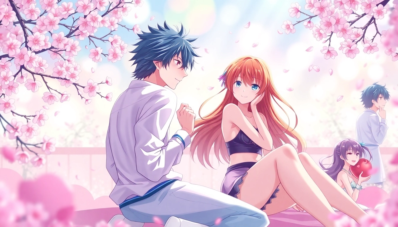 Anime sex scene showcasing iconic characters in romantic, colorful poses.