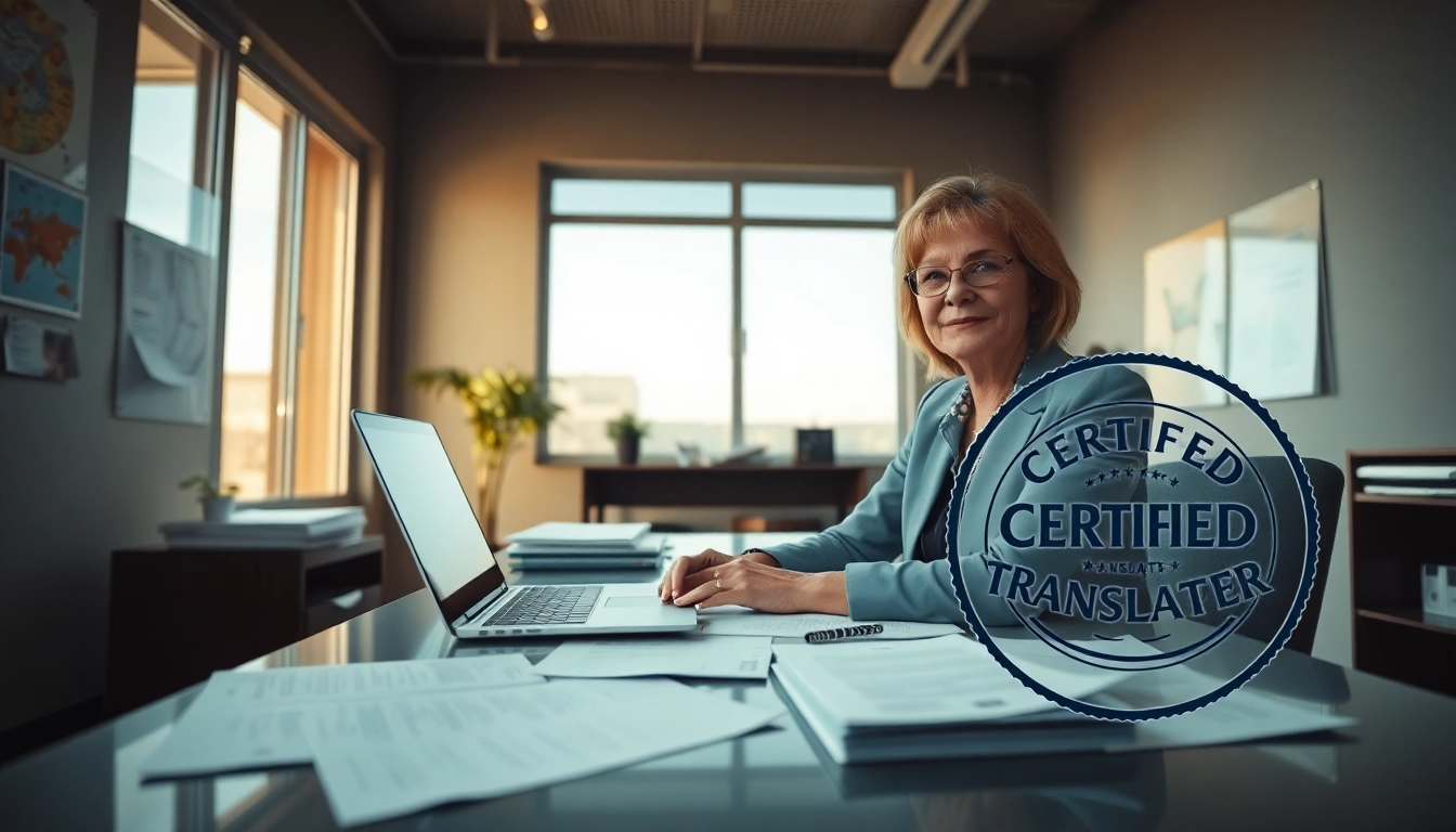 Zertifizierter Übersetzer arbeitet an Dokumenten und zeigt die Expertise eines beeidigten Übersetzers in einem professionellen Umfeld.