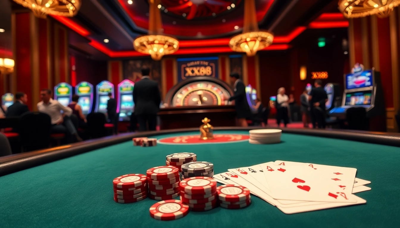 Experience excitement at XX88 with vibrant poker chips and roulette wheels in a luxurious casino setting.