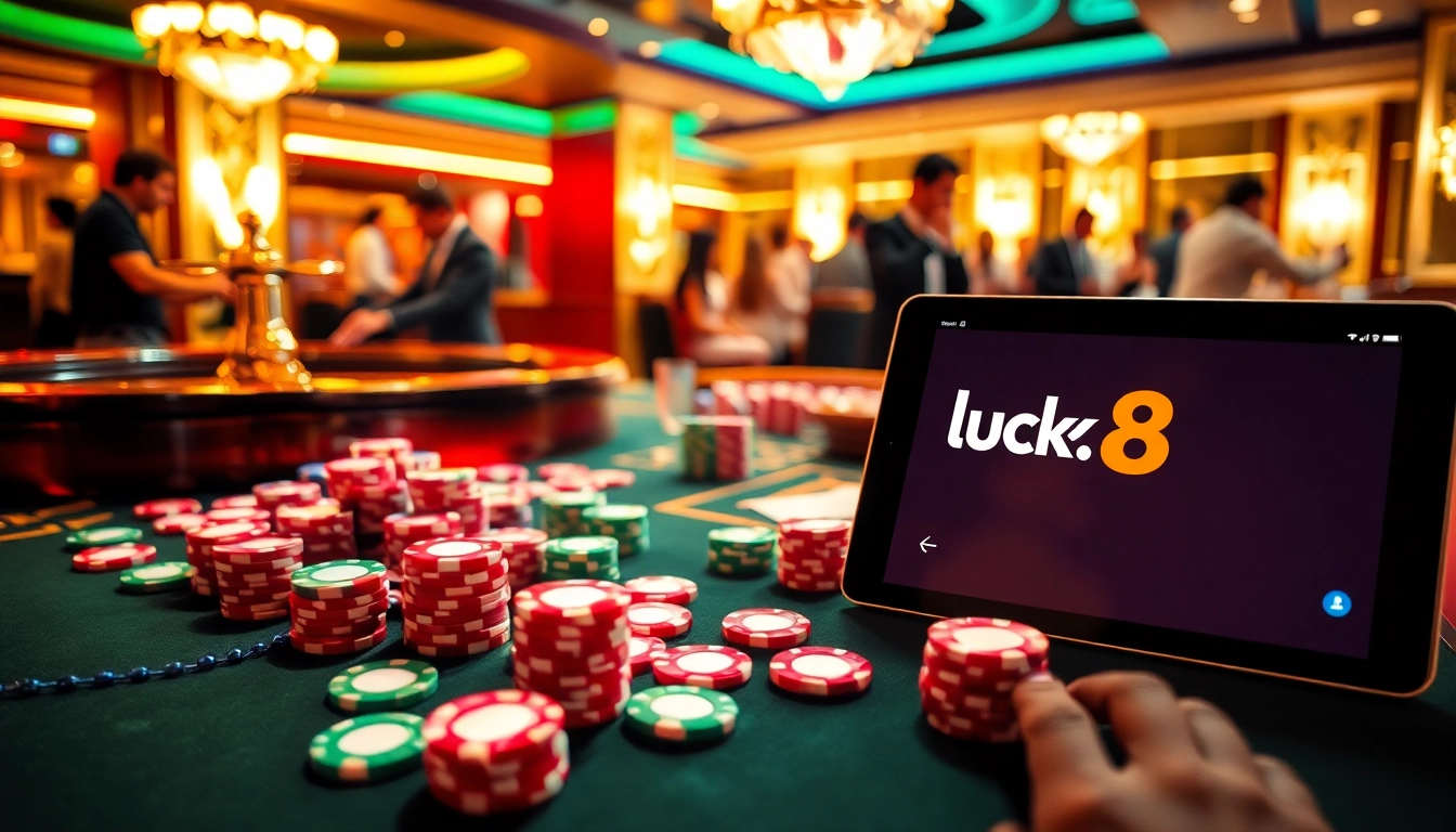 Luck8 players engage in an exciting casino game, showcasing vibrant poker chips and a roulette wheel.