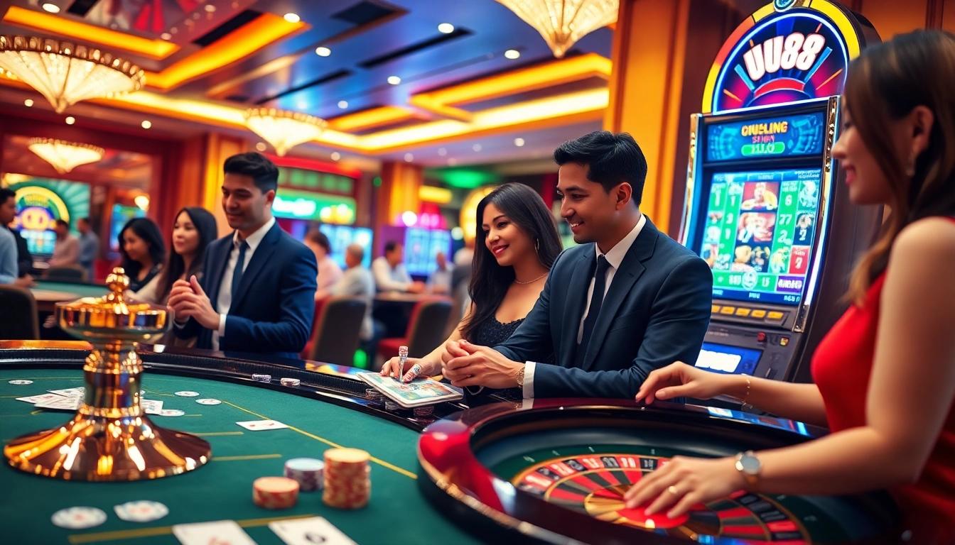 Experience thrilling gameplay at UU88 with vibrant casino scenes featuring poker, roulette, and slot machines.