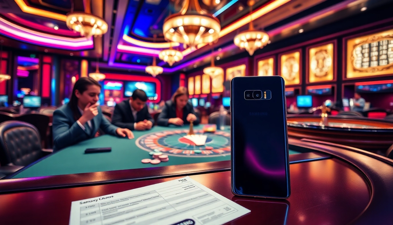 Exciting casino gaming scene featuring S8 device alongside poker chips and betting slips.