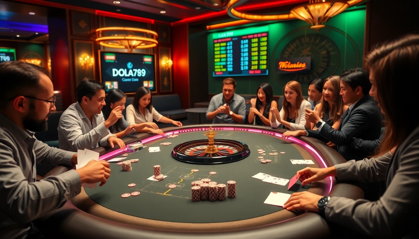 Engaged players at DOLA789 enjoy high-stakes casino action with poker chips and cards.