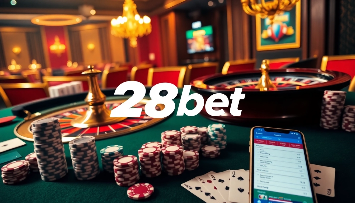 Engaging gamblers with a vivid casino scene highlighting link 28bet on a smartphone and roulette.