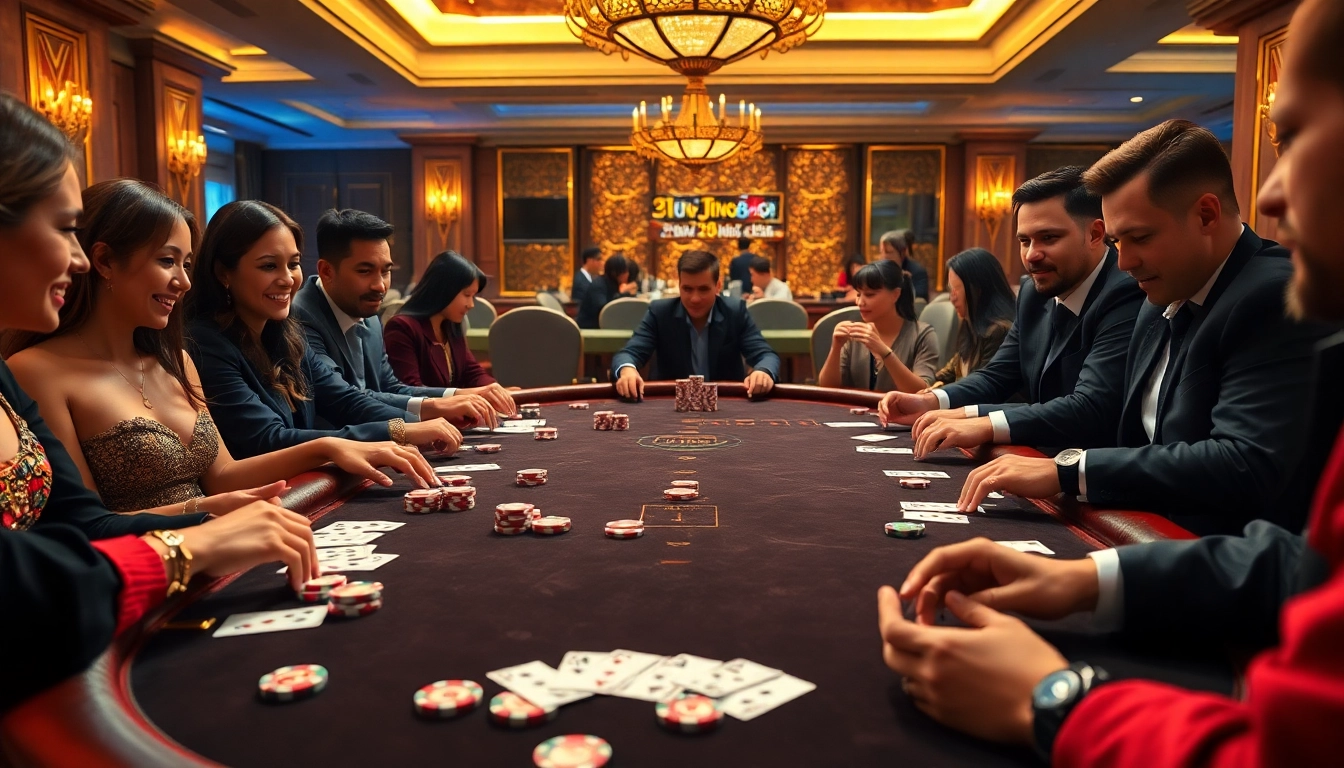 Experience the excitement of Jun888 with players engaged at a vibrant casino poker table.