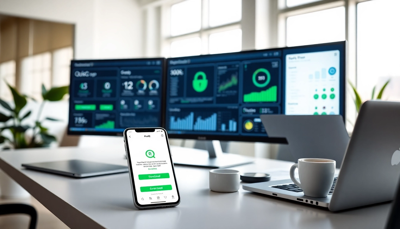 QuickQ下载在高科技工作站上展示，提升在线安全。