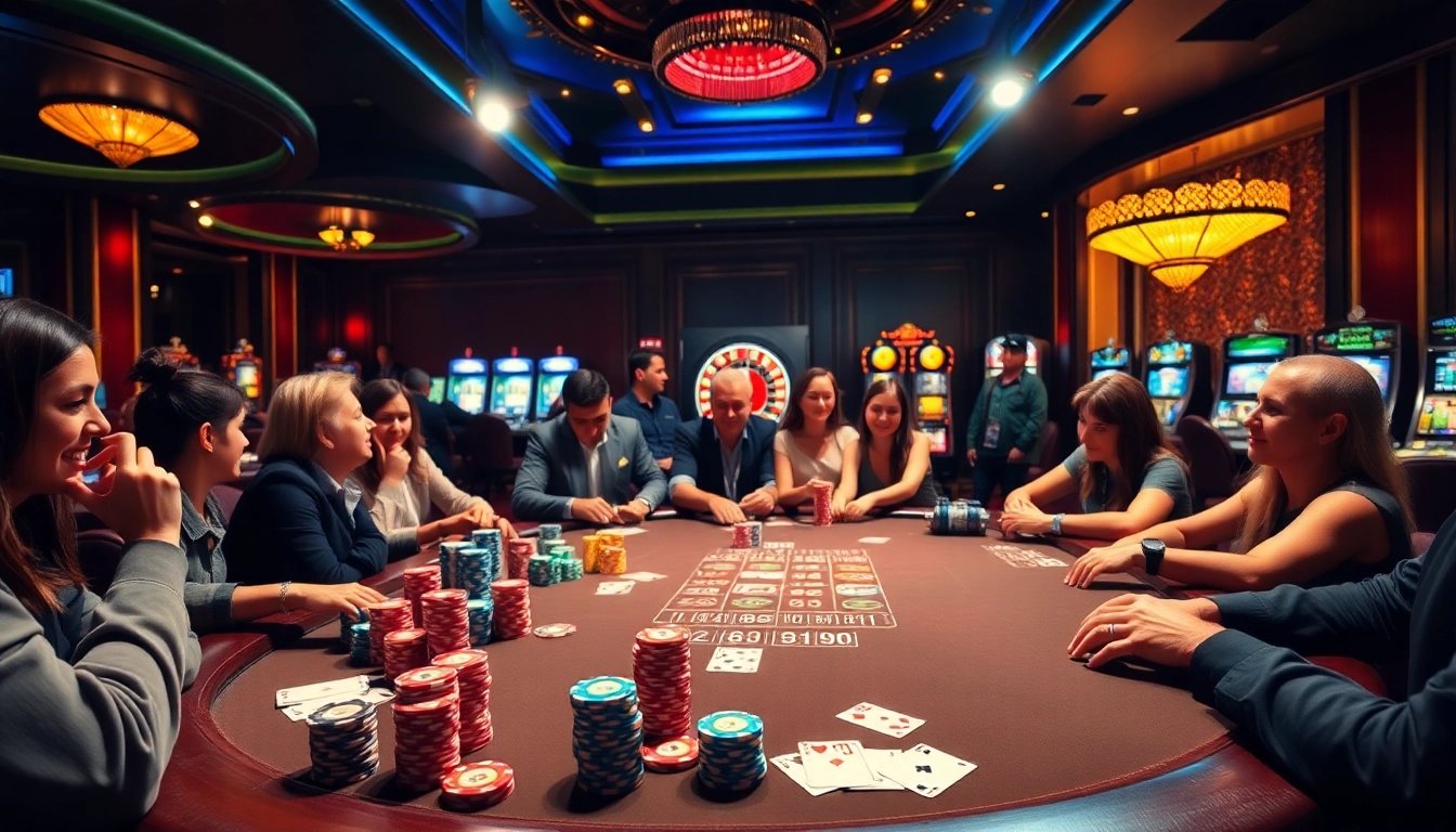 Exciting scene at uu881 club with casino players engaged at a vibrant poker table full of chips.