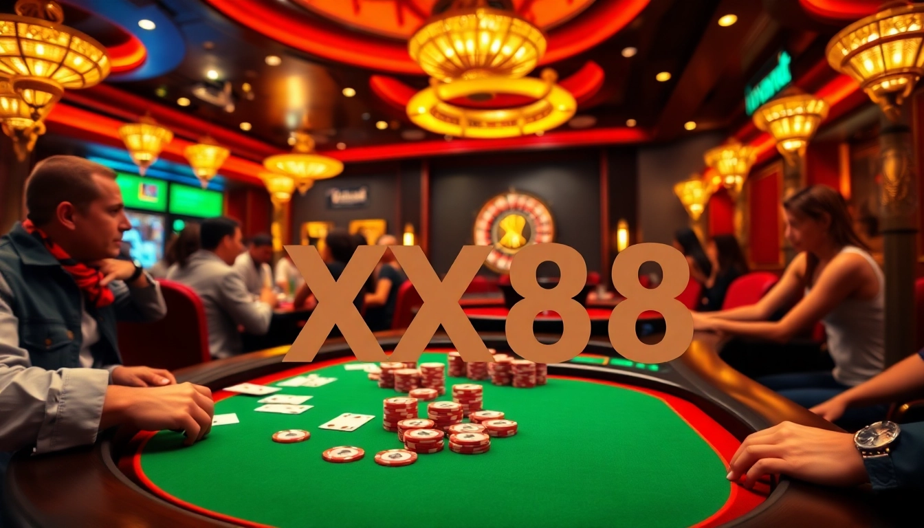 Gamblers enjoying excitement at the XX88 poker table with vibrant cards and chips.