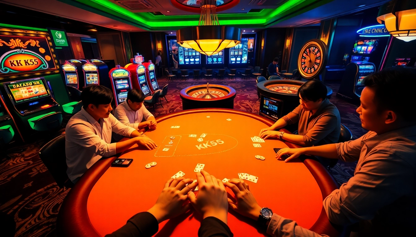Engaging scene of Nhà cái KK55 poker game with vibrant colors and casino atmosphere.