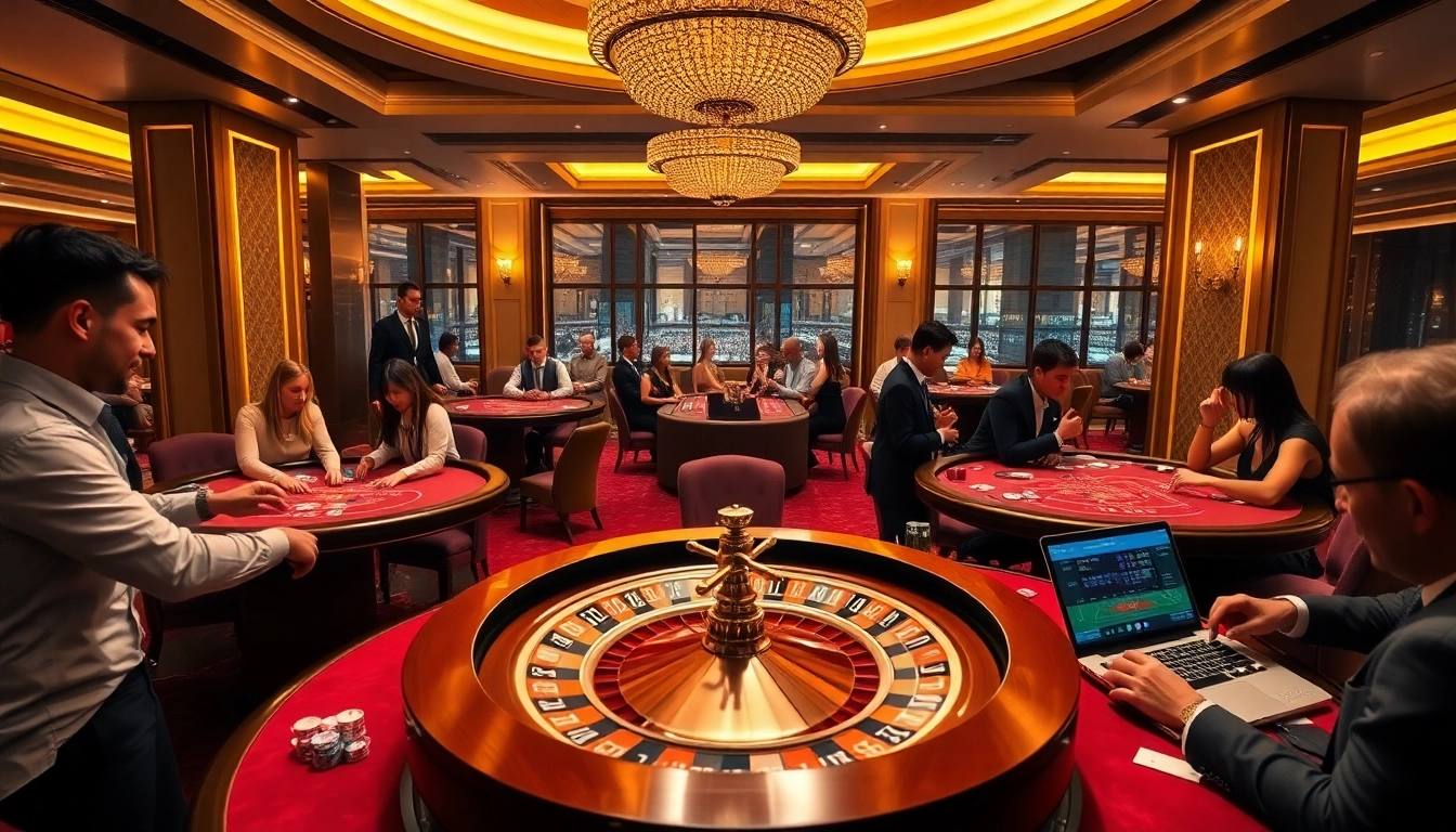 Engage in thrilling games at https://da88.trading/ with players gathered around poker and roulette tables.
