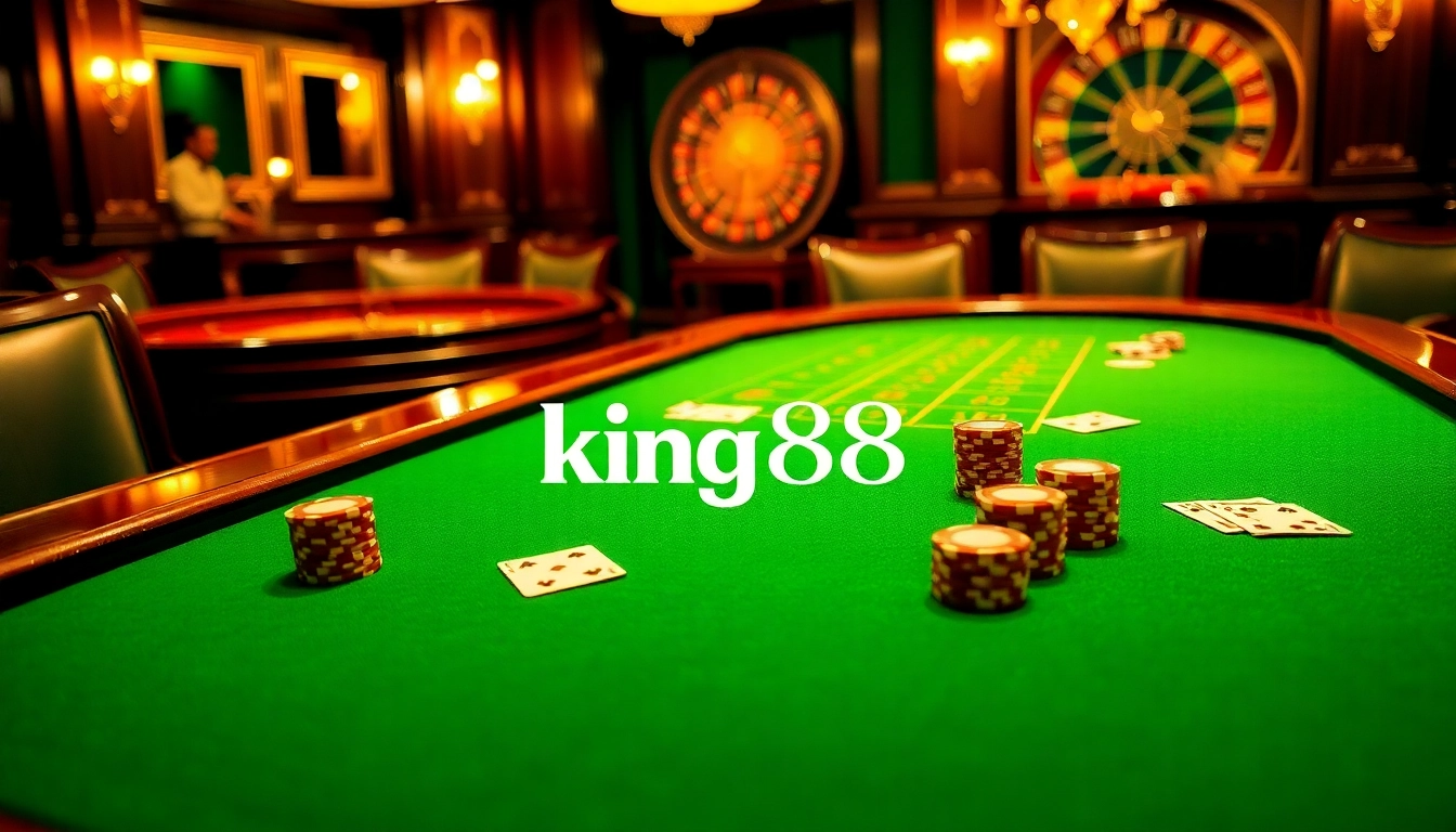 Engaging poker gameplay scene at king88 casino, featuring vibrant chips, cards, and a roulette wheel.