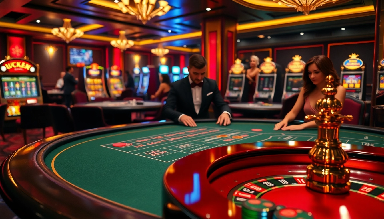 Không gian casino LUCK8 với bàn chơi sôi động, người chơi hào hứng và những máy slot hấp dẫn.