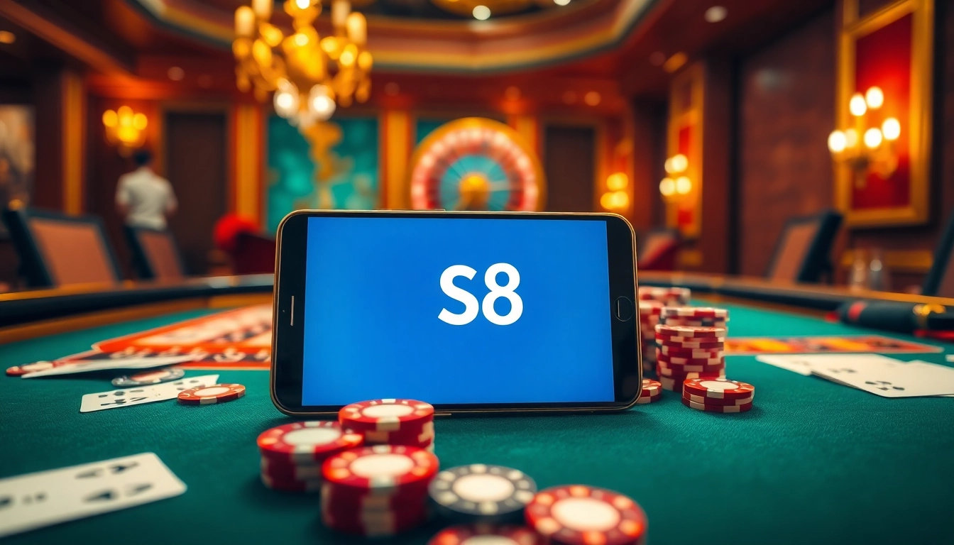 Experience the thrill of casino gaming with s8 smartphone betting, poker chips, and a roulette table.