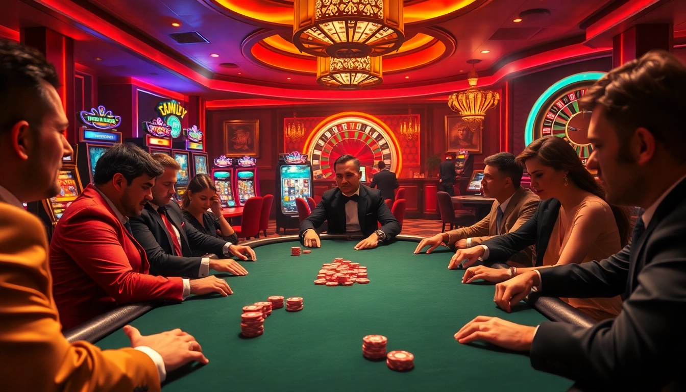 A vibrant poker scene at https://fa88.exchange/ showcasing players' intense focus and luxurious casino ambiance.