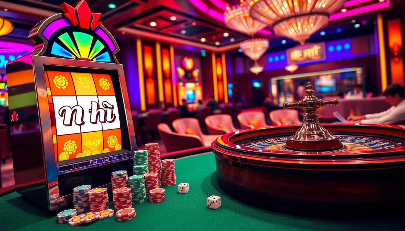 Experience the thrill of nổ hũ with vibrant slot machines and casino tables.