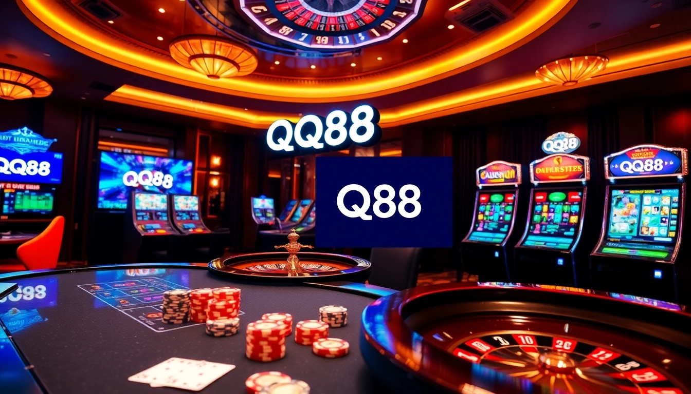 A vibrant casino scene featuring online gambling elements, highlighting link qq88 for exciting gameplay.